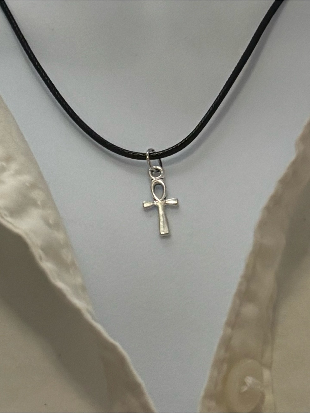 Silver Ankh Pendant on Black Cord Necklace